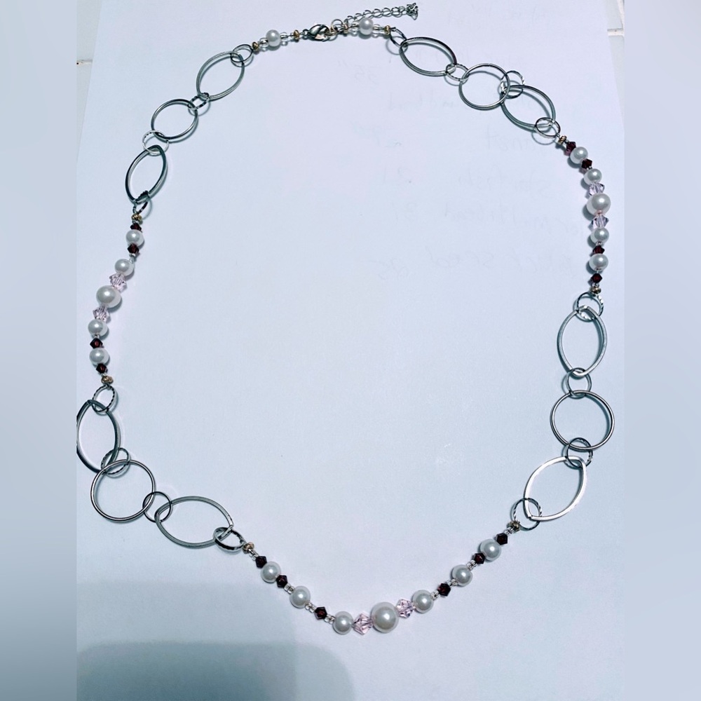 Delicate Silver Link Necklace with Pink and Purple Crystal and Pearl Beads